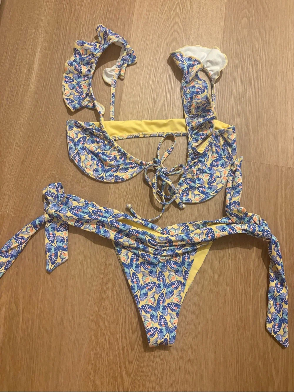 Frankie's Bikinis Blue and Cream Butterfly Tie-Front Bikini Top and tie bottoms